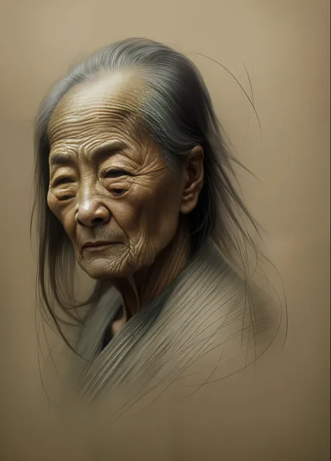 An old Vietnamese woman with wrinkles and a paternity shirt 