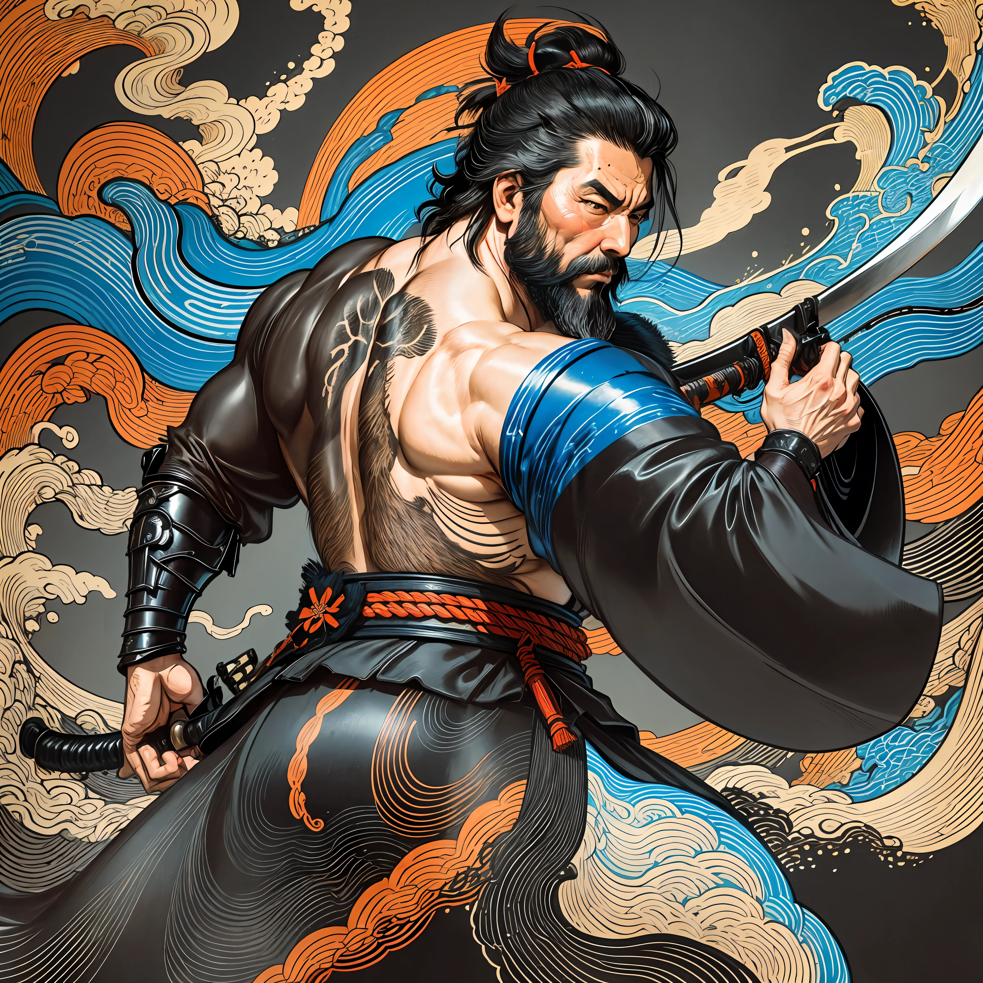 Es una pintura de cuerpo entero con colores naturales con dibujos lineales al estilo Katsushika Hokusai.. El espadachín Miyamoto Musashi tiene un cuerpo grande como el de un hombre fuerte.. Samurái de Japón. Tiene una expresión de determinación digna pero varonil., Pelo negro corto, y un corto, barba recortada. La parte superior de su cuerpo está cubierta con un kimono negro y su hakama llega hasta las rodillas.. En su mano derecha sostiene una espada japonesa con una parte más larga.. en la más alta calidad, en alta resolución, estilo ukiyo-e, relámpagos y llamas arremolinadas de la obra maestra. Miyamoto Musashi está de pie con la cara y el cuerpo mirando hacia adelante., su espalda recta.