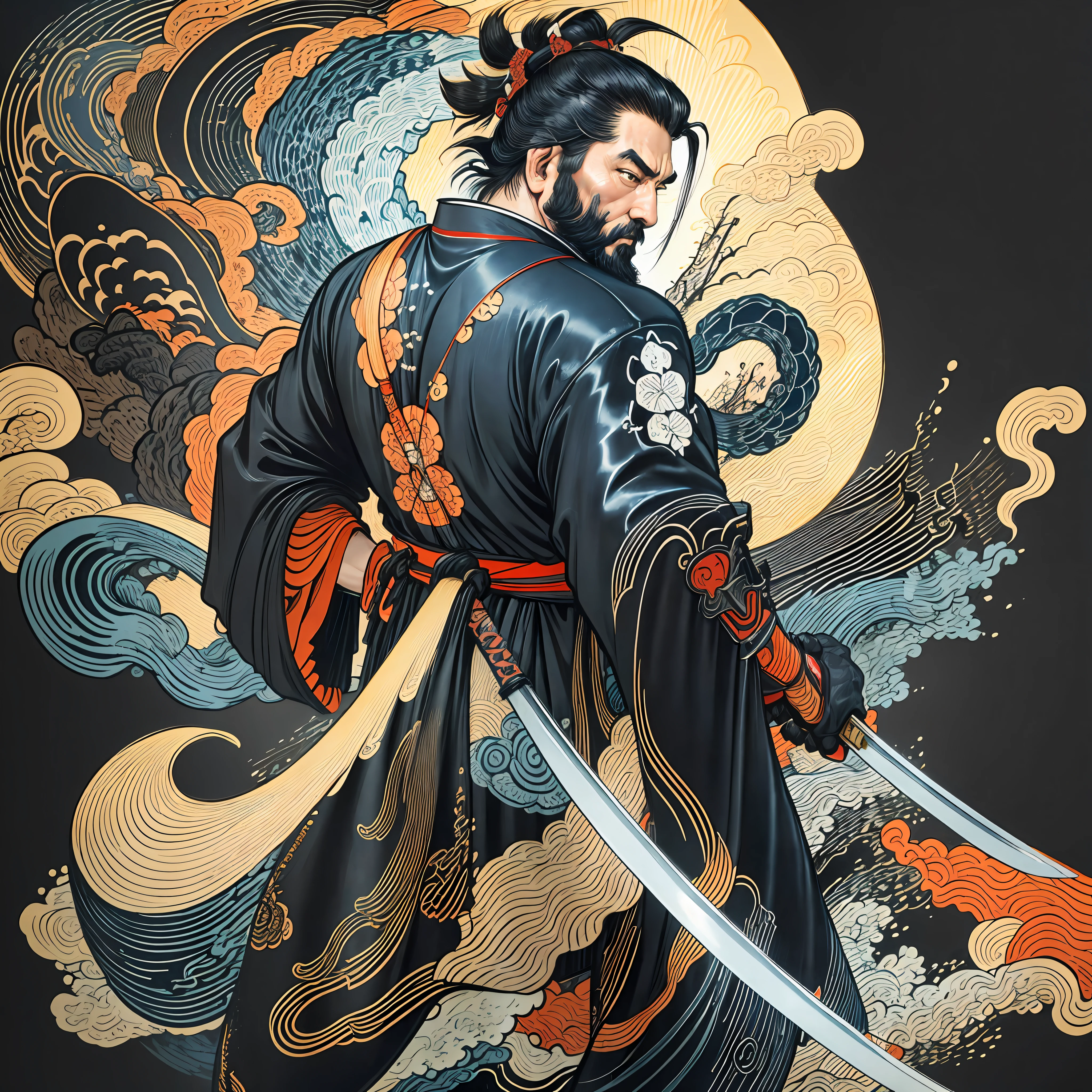 É uma pintura de corpo inteiro com cores naturais com desenhos de linhas no estilo Katsushika Hokusai.. O espadachim Miyamoto Musashi tem um corpo grande como um homem forte. Samurais do Japão. Ele tem uma expressão de determinação digna, mas viril, cabelo preto curto, e um curto, barba aparada. A parte superior de seu corpo está coberta por um quimono preto e seu hakama vai até os joelhos.. Na mão direita ele segura uma espada japonesa. na mais alta qualidade, no relâmpago de alta resolução do estilo ukiyo-e e nas chamas rodopiantes da obra-prima. Miyamoto Musashi fica com o rosto e o corpo voltados para frente, suas costas retas.