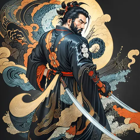 It is a full-body painting with natural colors with Katsushika Hokusai-style line drawings. The swordsman Miyamoto Musashi has a...