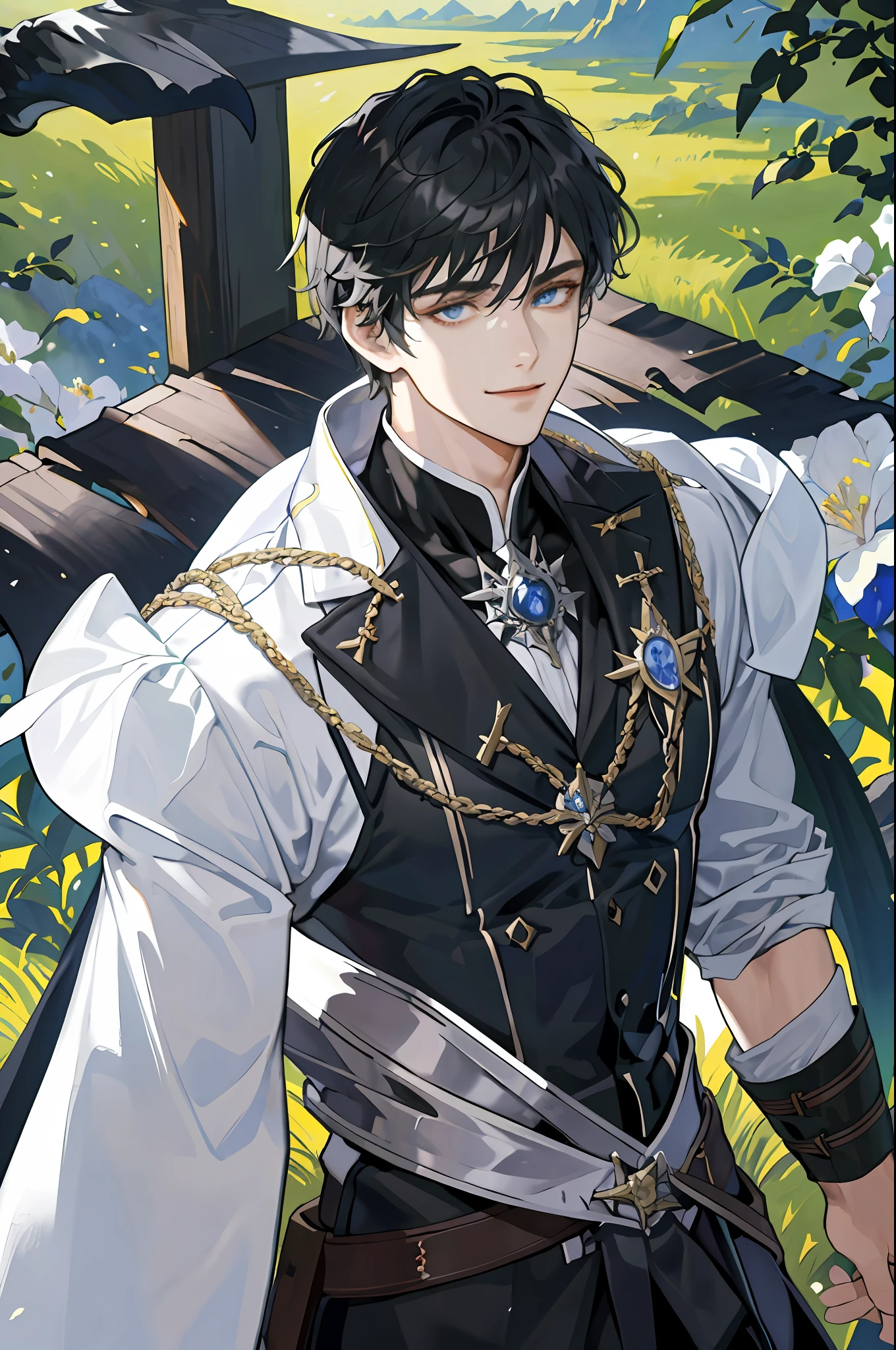 ((Masterpiece: 1.2, best quality)), ((2 men)), nice middle, muscular, valiant, strong, black knight, short black hair, uniform, white robe, scar on right eye, black armor, fantasy, forest, blooming flowers, sunlight, fantastic light and shadow, landscape, highly detailed face, portrait, smile