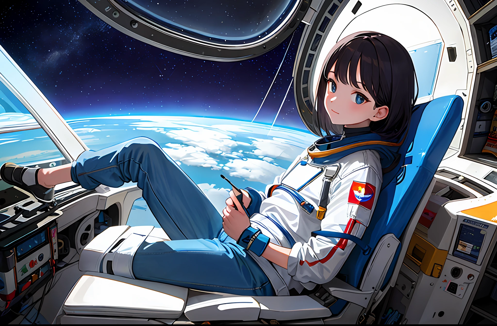 (Masterpiece, Top Quality, Best Quality, Extreme Detail, Supreme Detail, Official Art, Beauty and Aesthetics: 1.2), Colorful, Denim Shot, Beautiful Face, Solo, Perfect Body, Beautiful Eyes, Astronaut Back, In Space, Spacecraft, Spacesuit, Indoor, (Wire and Cable: 1.1), (Science Fiction: 1.2), Porthole, (Space in Illuminator: 1.1), Stars