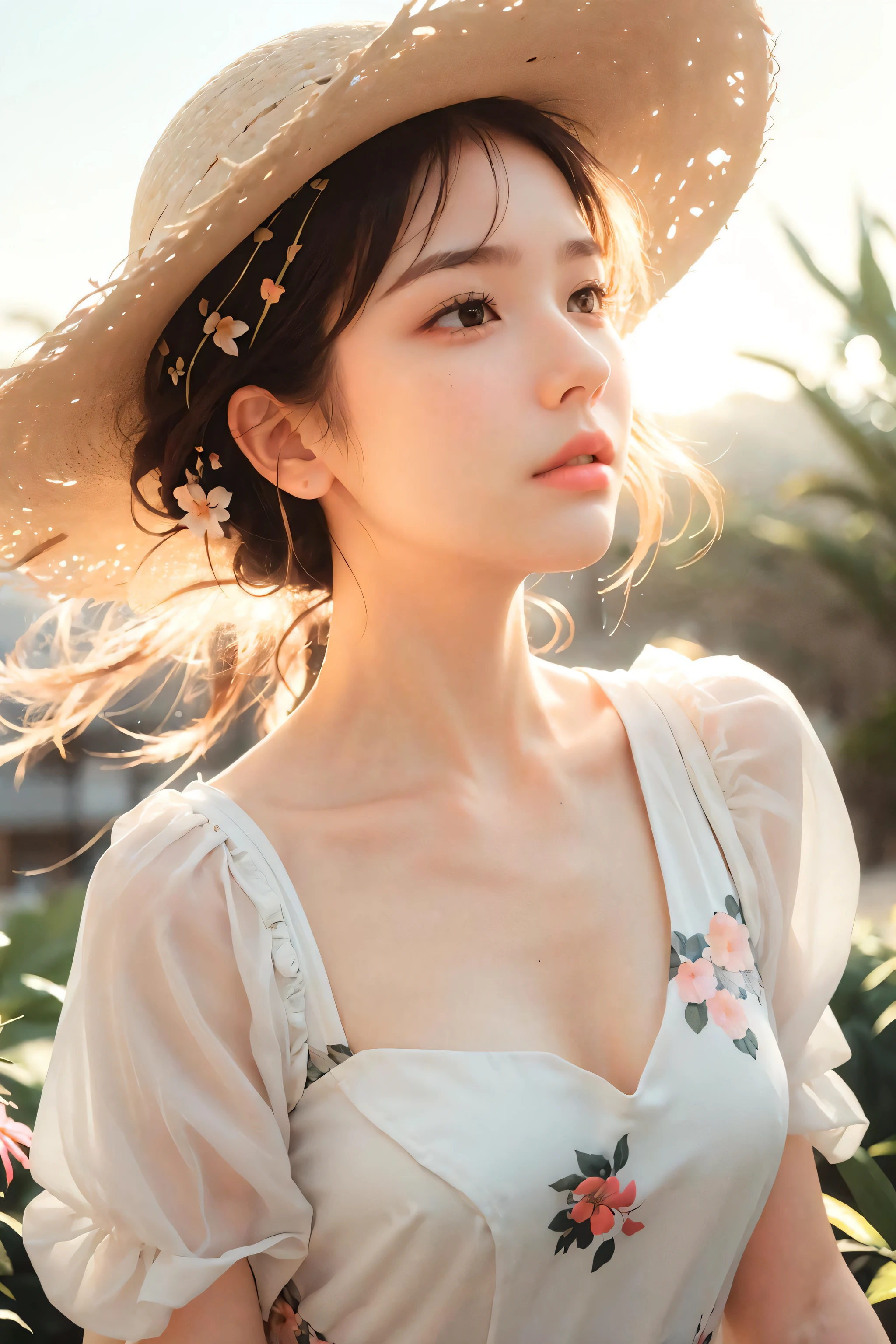 (extreme close up:1.5), (face focus:2),(Style of ???? ???:1.5),
((side face:2)),(1girl surrounded by soft_light:1.5), (backlighting:1.8), (lighting),(flowing fabric:1.3), ((Floral_summer_dress:1.5),(Straw_hat:1.3)),
(masterpiece), realistic, HDR, highly detailed, 8k, raw photo,
ambient occlusion, natural, harmonious composition, warm tones, fine art photography,