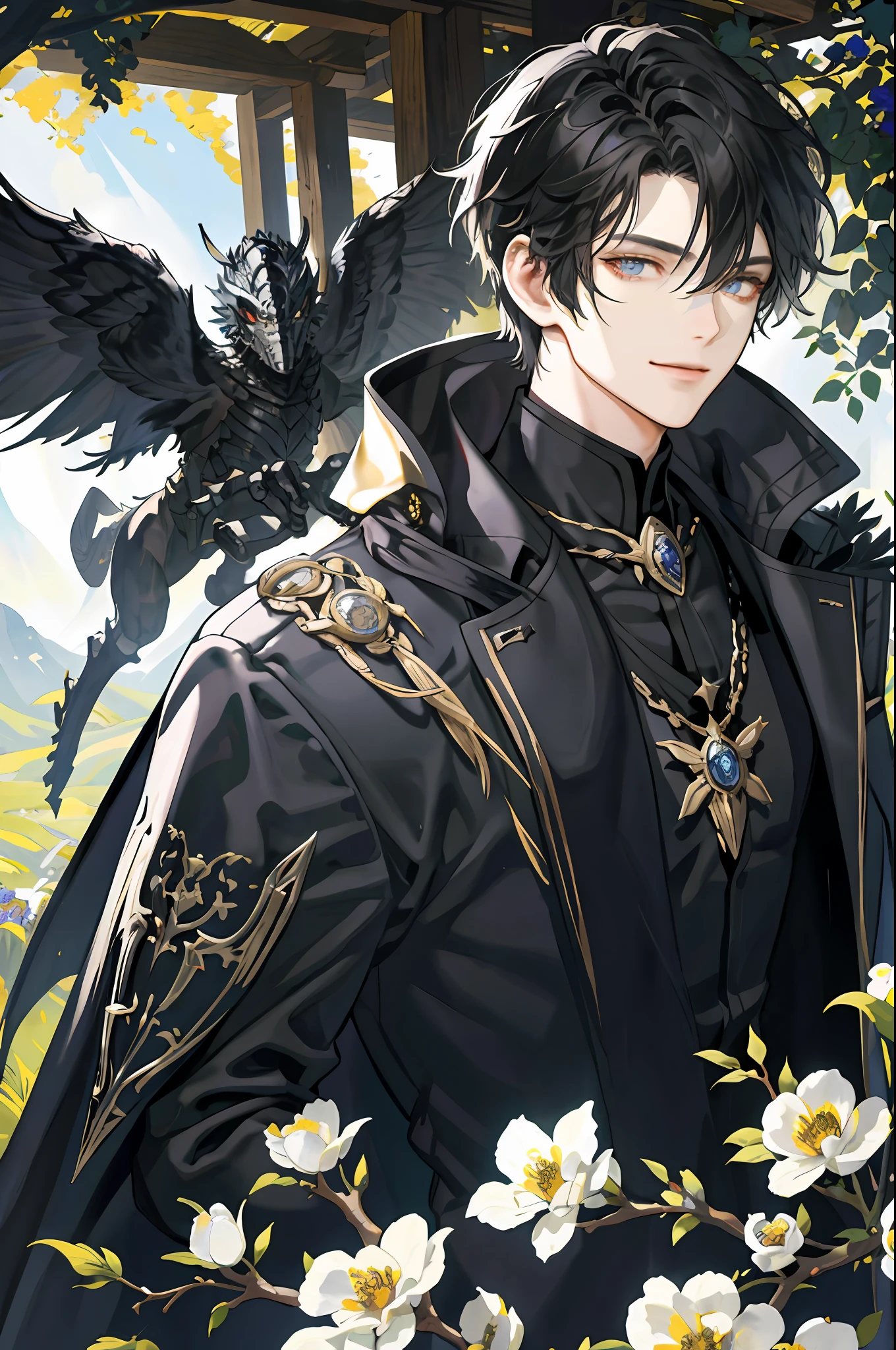 ((Masterpiece: 1.2, best quality)), 2 men, old man, nice middle, muscular, valiant, strong, black knight, golden eyes, short black hair, uniform, white robe, scar on right eye, black armor, fantasy, forest, blooming flowers, sunlight, fantastic light and shadow, landscape, highly detailed face, portrait, smile