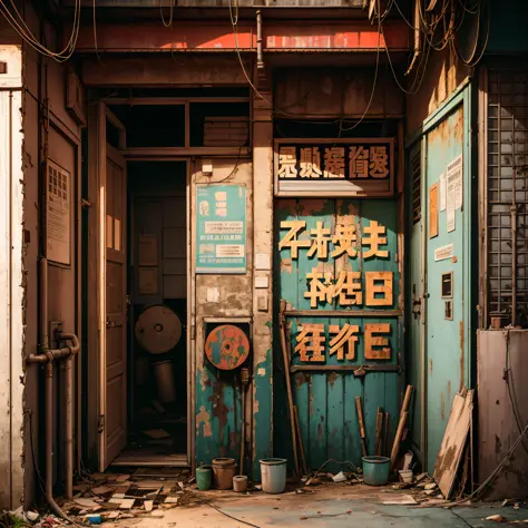 Abandoned house, entrance, Dojunkai apartment surreal and highly detailed illustrations, images with objects very loaded, viewpo...
