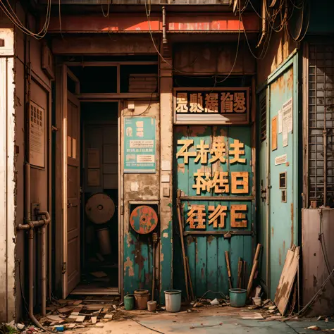 abandoned house, entrance, dojunkai apartment surreal and highly detailed illustrations, images with objects very loaded, viewpo...