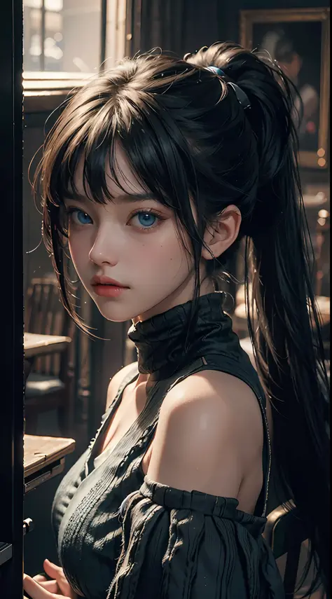 Best Quality, Masterpiece, Ultra High Resolution, (Realisticity: 1.4), Original Photo, 1Girl, Blue Eyes, Off-Shoulders, Cinematic Lighting, Bangs, High Ponytail,