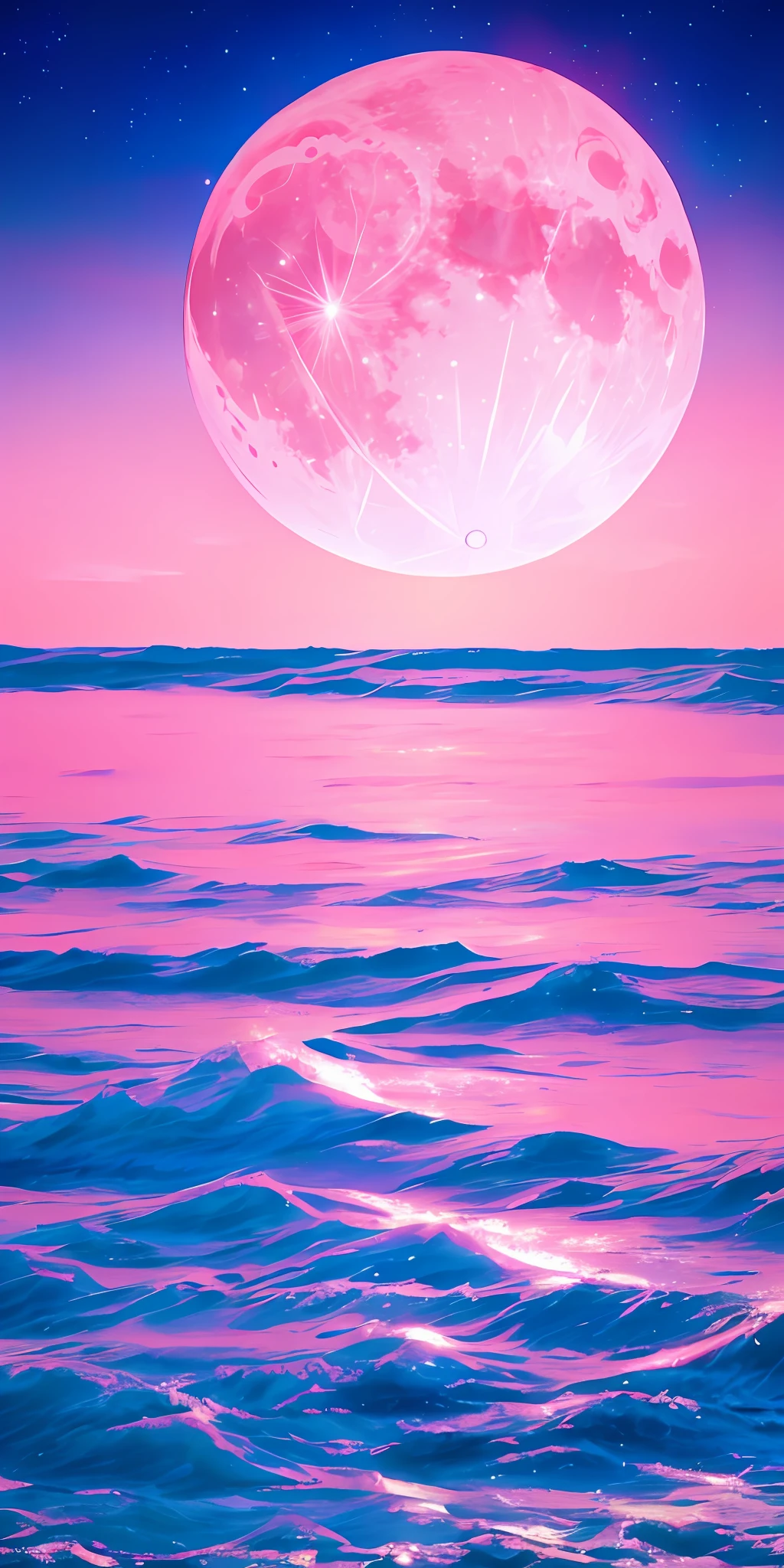Lua Rosa, céu rosa, nuvens rosa suaves, ondas do mar rosa brilhando, Cintilante, rosas cor de rosa no mar rosa, fantasia, Diamantes, coroa, espaço, Luz suave,
