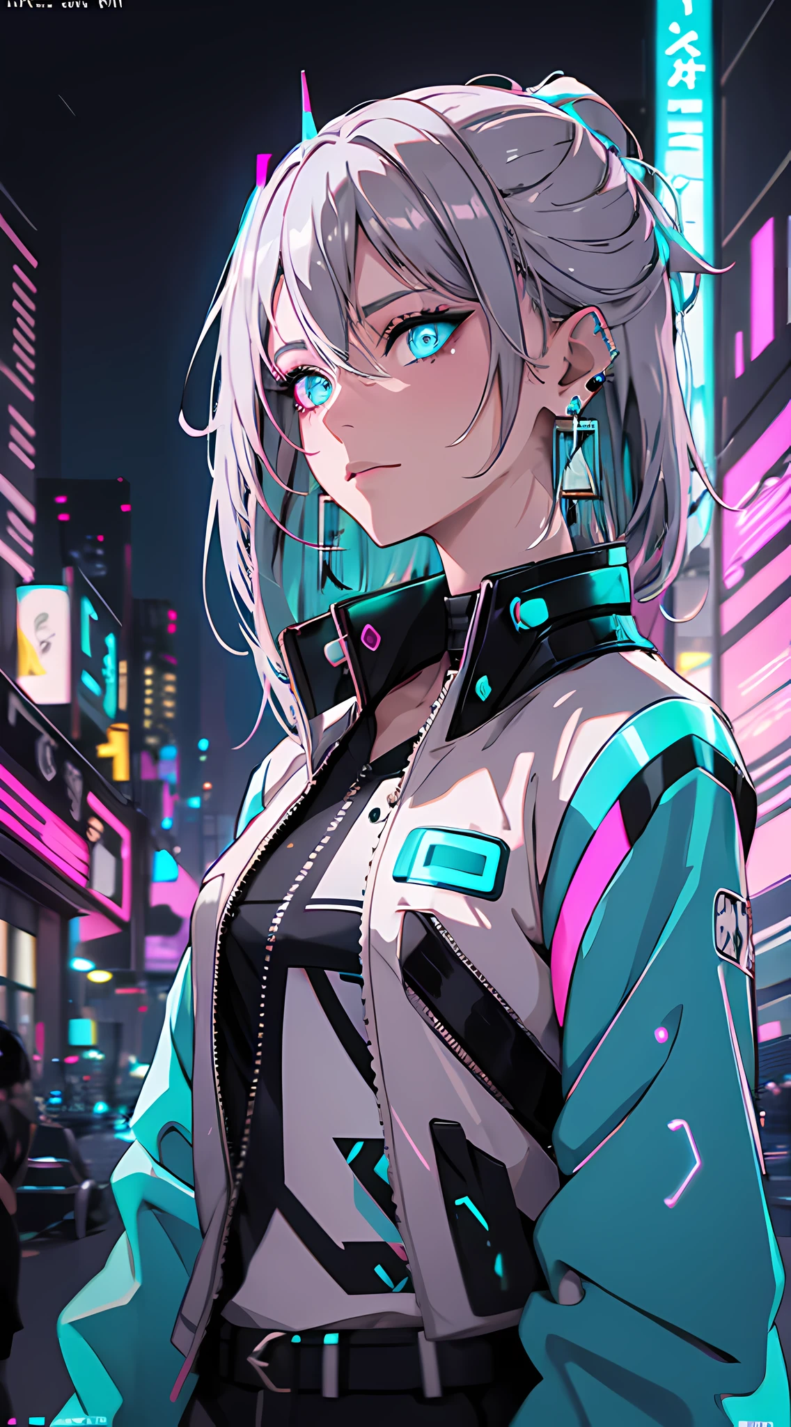 (masterpiece, best quality, night:1.4), (cowboy shot, silver hair:1.9), 8k, absurdres, beautiful girl, (wearable computer:1.4), cyberpunk, cyber goth, (cyberpunkoutfit, fluorescence pink accent, glowing pink lines on short jacket:1.4), neon, bracelets and choker, (glowing, glow, film grain, chromatic aberration:2), (asian shopping district, street, buildings, skyscraper:1.2), makeup, (cyan earrings:1.3), sharp focus, dark background, perspective, depth of field, (very small mechanical device, rain, HDR, facelight, sharp focus, dynamic lighting, cinematic lighting, professional shadow, extreme detailed, finely detail, real skin:0.8), (detailed eyes, sharp pupils, realistic pupils, dark back ground:0.6), (glitch effect:0.7)