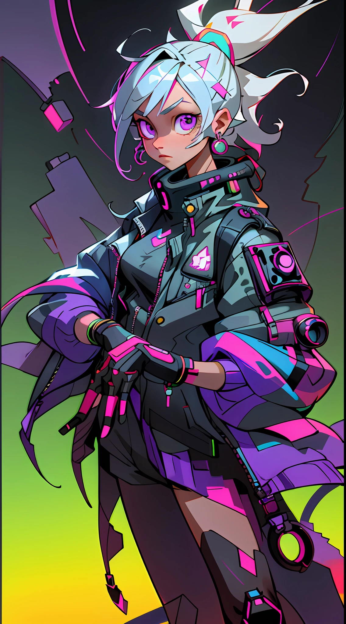 (Extremely detailed CG unity 8k wallpaper, masterpiece, best quality, super detailed), (best lighting, best shadow, extremely refined and beautiful), floating, dynamic angle, (1girl), (cyberpunk style, neon), (red: 1.3 + purple + green: 1.2+ Blue: 0.9) hair, (Cyberpunk outfit: 1.3), metallic silver accessories, glowing eyes, high resolution, 3D art, Unreal Engine 5 style, clear lines, good facial features, good eyes, blue-purple gradient eyes