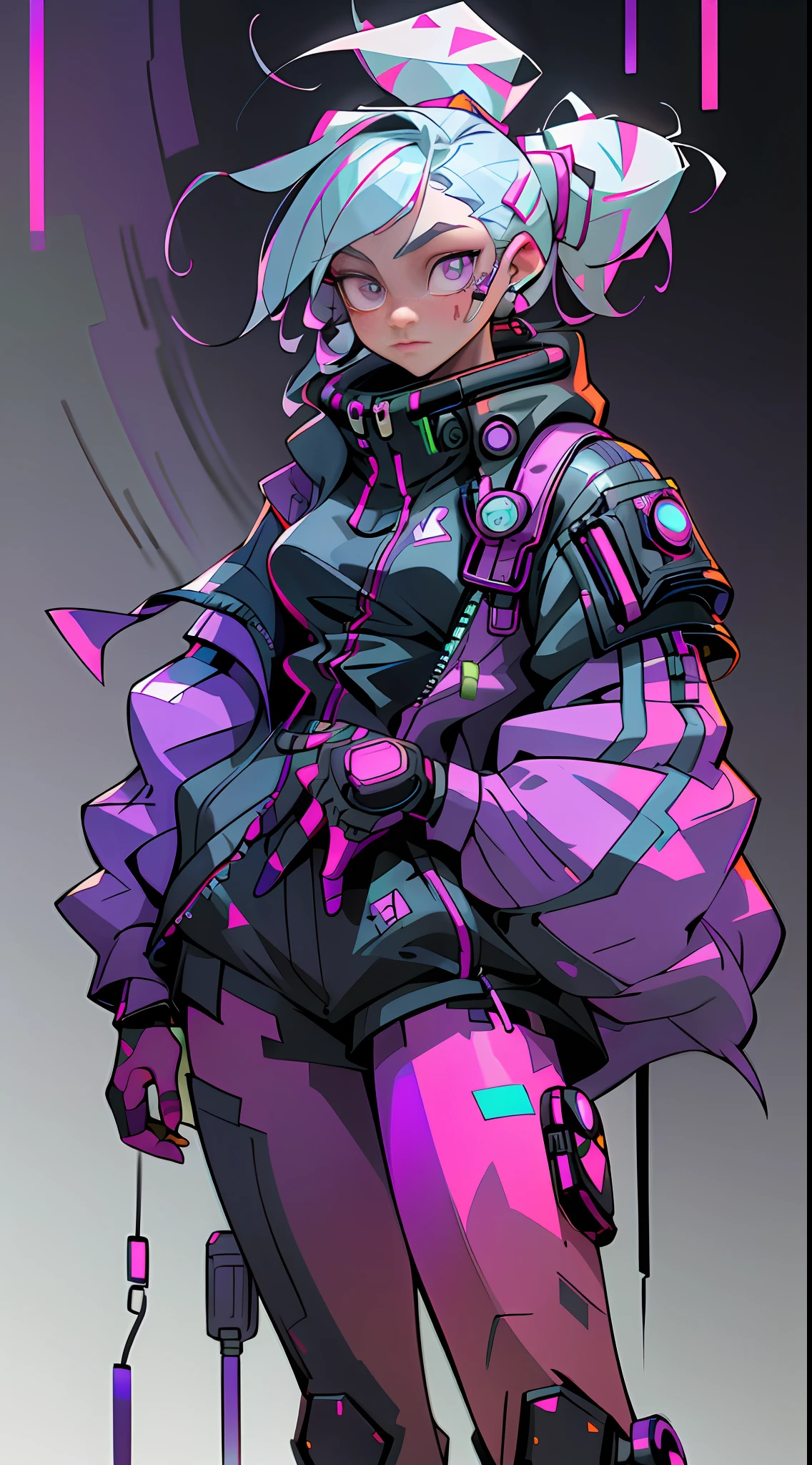 (Extremely detailed CG unity 8k wallpaper, masterpiece, best quality, super detailed), (best lighting, best shadow, extremely refined and beautiful), floating, dynamic angle, (1girl), (cyberpunk style, neon), (red: 1.3 + purple + green: 1.2+ Blue: 0.9) hair, (Cyberpunk outfit: 1.3), metallic silver accessories, glowing eyes, high resolution, 3D art, Unreal Engine 5 style, clear lines, good facial features, good eyes, blue-purple gradient eyes