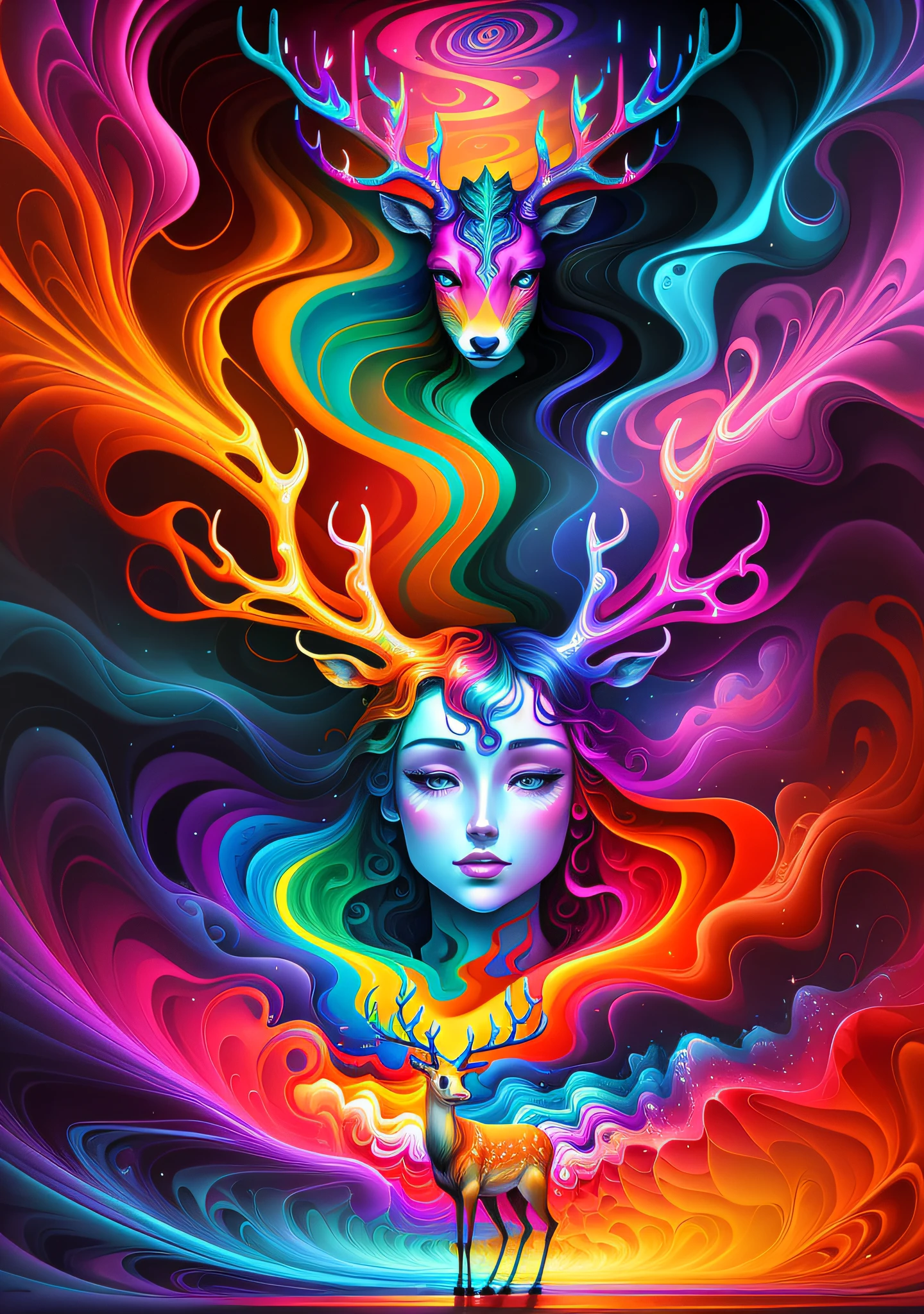 (Psychedelic painting of a deer standing in front of a colorful swirl), ((multiple antlers, stag, big head)), bright colors, thick lines, waves, multiple layers, foreground, perspective, fractal Thunder Dan Mumford , Dan Mumford and Alex Gray style, psychedelic surreal art, surreal psychedelic design, dream art style, illusion psychedelic art, infinite psychedelic waves, inspired by Cyril Rolando Rolando), realistic ripple structure, psychedelic art style, psychedelic art, psychedelic illustration -- V6