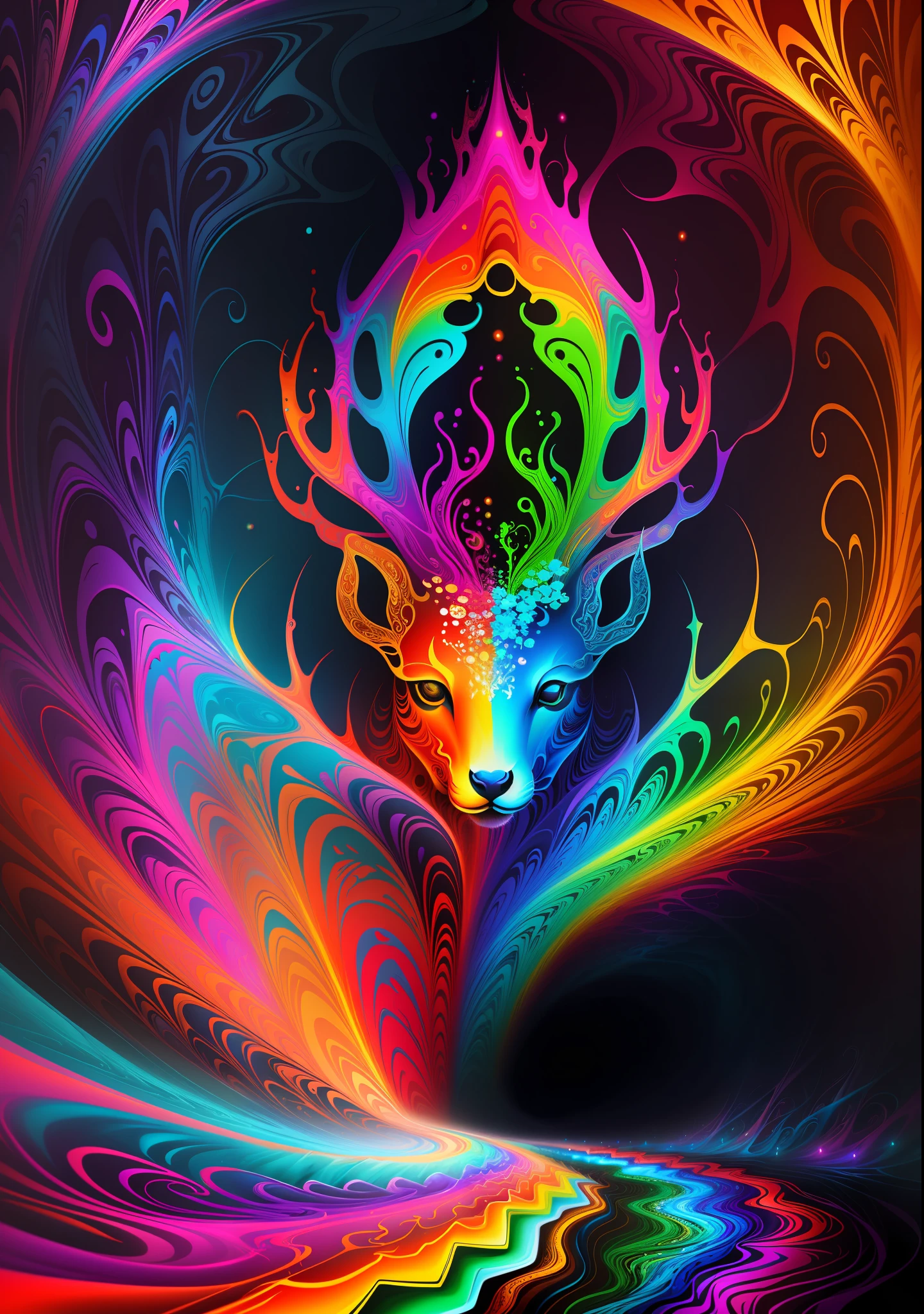 (Psychedelic painting of a deer standing in front of a colorful swirl), ((multiple antlers, stag, big head)), bright colors, thick lines, waves, multiple layers, foreground, perspective, fractal Thunder Dan Mumford , Dan Mumford and Alex Gray style, psychedelic surreal art, surreal psychedelic design, dream art style, illusion psychedelic art, infinite psychedelic waves, inspired by Cyril Rolando Rolando), realistic ripple structure, psychedelic art style, psychedelic art, psychedelic illustration -- V6