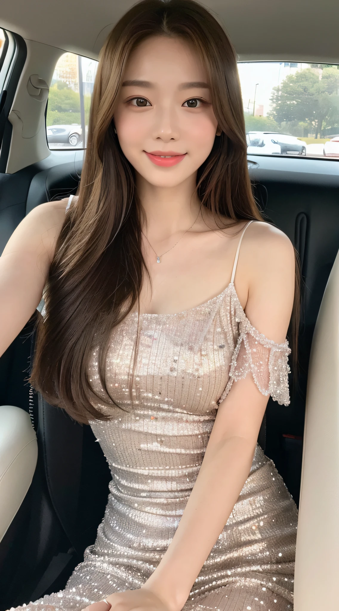 ((Best Quality, 8k, Masterpiece: 1.3)), Focus: 1.2, Perfect Body Beauty: 1.4, Buttocks: 1.2, Big: 1.2, ((Delicate Long Hair)), (Sparkling Dress: 1.1) , (Sports car, street: 1.2), Highly detailed face and skin texture, Fine eyes, Double eyelids, Whitened skin, Smile, Wearing necklace, ring, Man sitting inside a car.