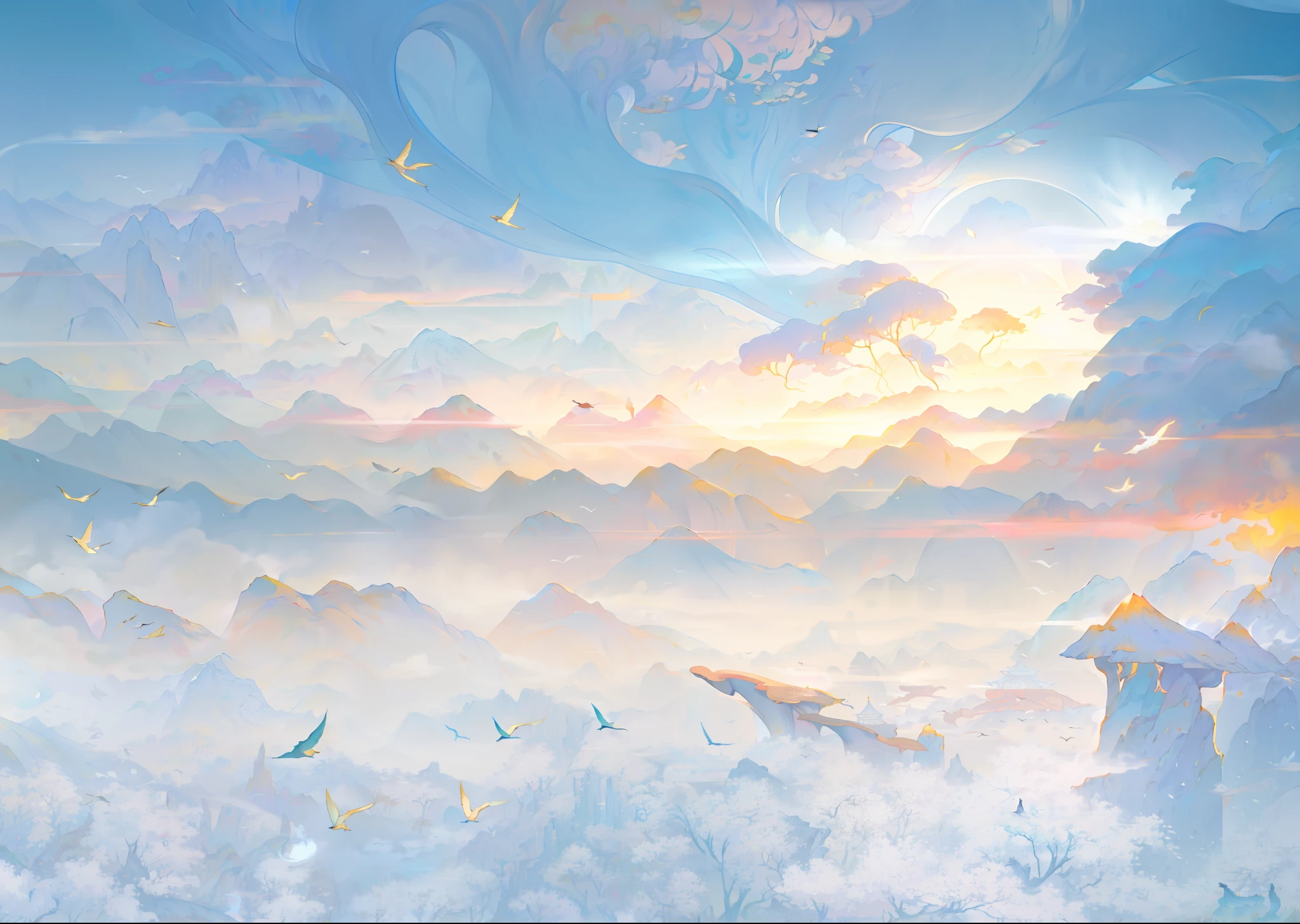 an image of an asian landscape with mountains and birds in the air, in the style of fantastical otherworldly visions, light cyan and gold, intricately mapped worlds, hyperrealistic illustrations, romanticized cityscapes, detailed character illustrations, organic shapes and curved lines, --v6