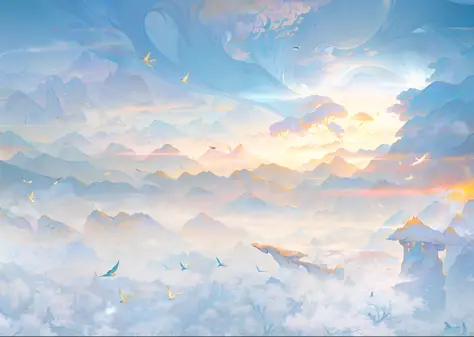 an image of an asian landscape with mountains and birds in the air, in the style of fantastical otherworldly visions, light cyan and gold, intricately mapped worlds, hyperrealistic illustrations, romanticized cityscapes, detailed character illustrations, o...