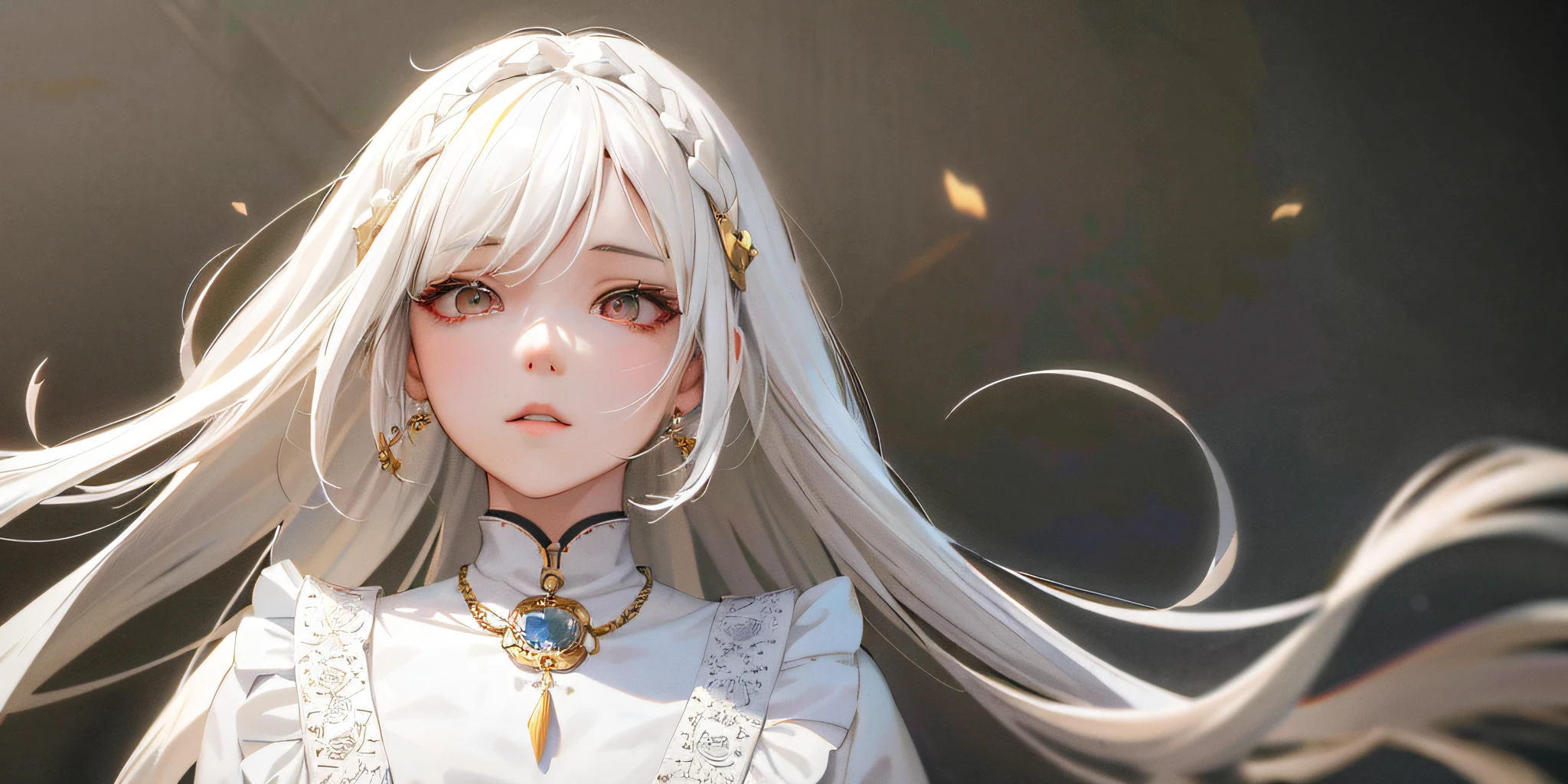 anime girl with long white hair and gold jewelry, girl with white hair, guweiz on artstation pixiv, guweiz on pixiv artstation, 8k portrait render, artwork in the style of guweiz, photorealistic anime girl render, white haired deity, guweiz, akihiko yoshida. unreal engine, perfect white haired girl