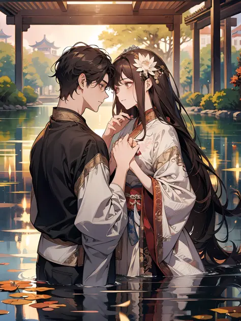 Masterpiece, best quality, official art, extremely detailed CG unified 8k wallpaper, two people, 1 girl + 1 boy, hanfu, a teenage boy with black eyes, looking at the girl, long black hair, reaching out to touch the girl's face, black clothes, a teenage gir...
