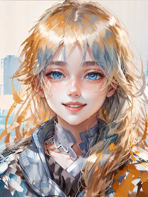HD, (Best Detail), (Best Quality), elysiumChar, portrait, color field painting, blonde woman with blue eyes and gray jacket smil...