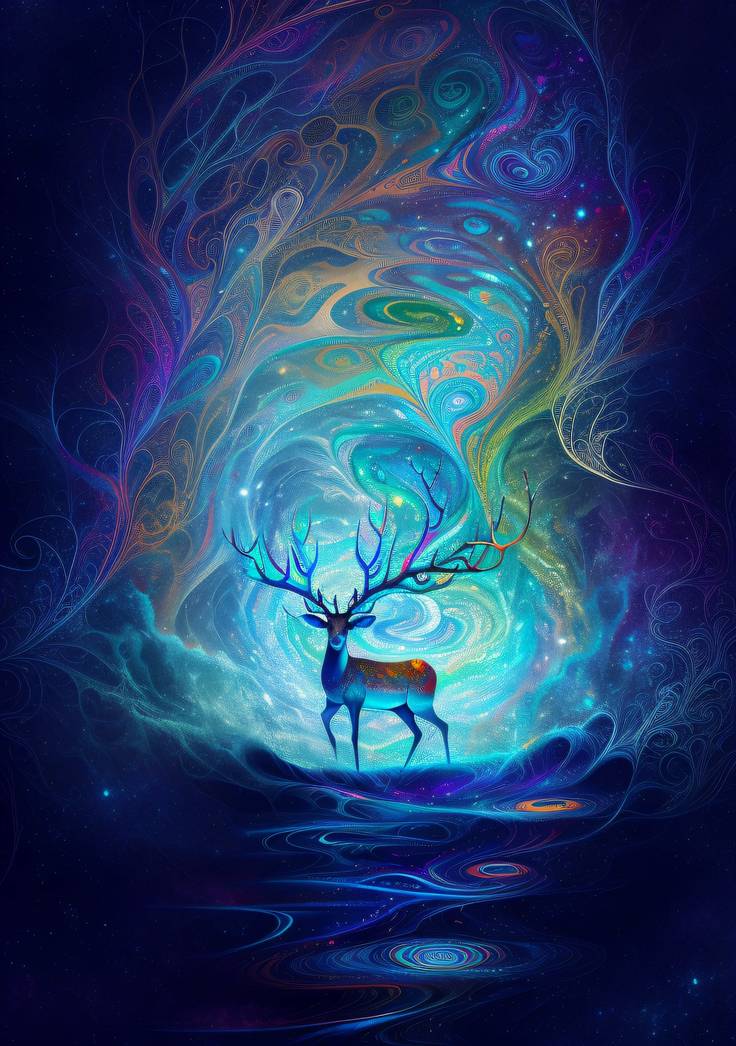 (Psychedelic painting of a deer standing in front of a colorful swirl), ((multiple antlers, stag, big head)), bright colors, thick lines, waves, multiple layers, foreground, perspective, fractal Thunder Dan Mumford , Dan Mumford and Alex Gray style, psychedelic surreal art, surreal psychedelic design, dream art style, illusion psychedelic art, infinite psychedelic waves, inspired by Cyril Rolando Rolando), realistic ripple structure, psychedelic art style, psychedelic art, psychedelic illustration -- V6