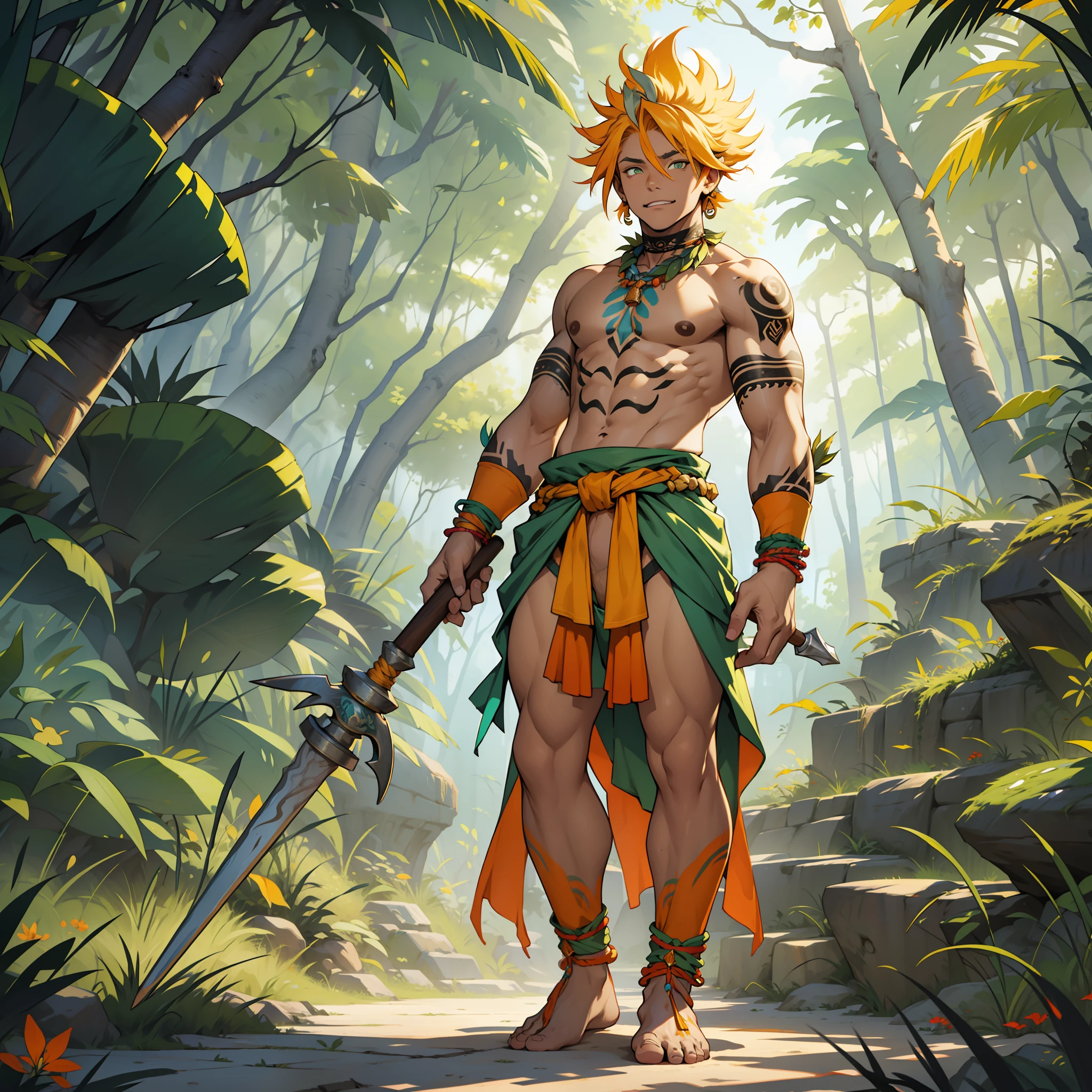 A man in a jungle with a sword and a sword - SeaArt AI