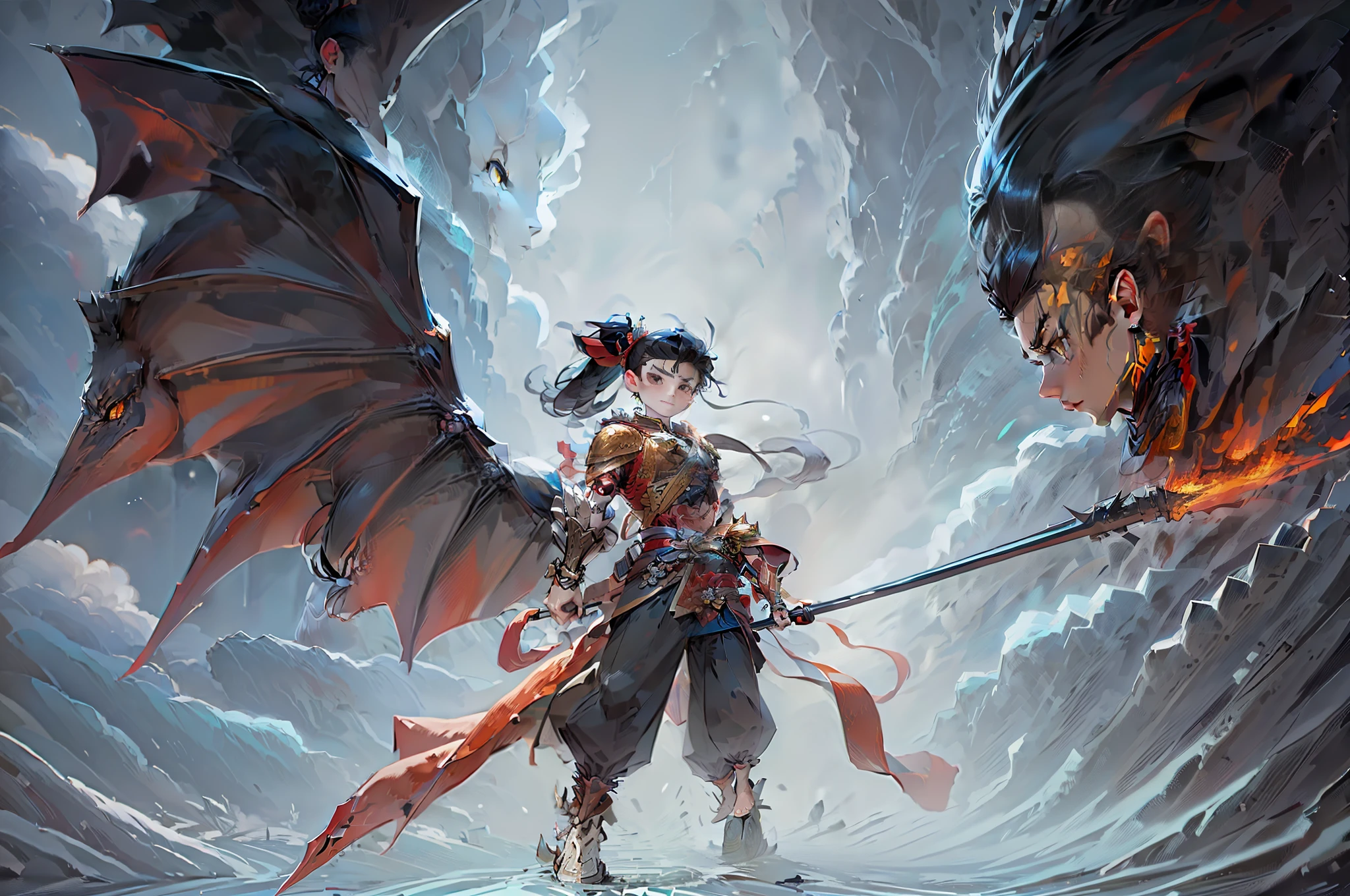 Masterpiece: 1.2), 1 boy, solo, black hair, high ponytail, cold face, (front), best quality, illustration, (a boy in front of a dragon with a spear: 1.3), panorama, full body, (from below: 1.3),