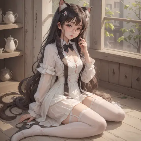 dress shoujo glasses long hair full body white suspender stockings cat ears seductive anime girl exposed chest sitting open legs...