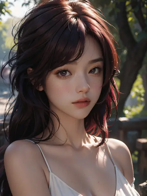 Best quality, masterpiece, super high resolution, (fidelity: 1.4), original photo, 1girl, burgundy hair, off-the-shoulders, upper body, clear face, close-up, sunlight