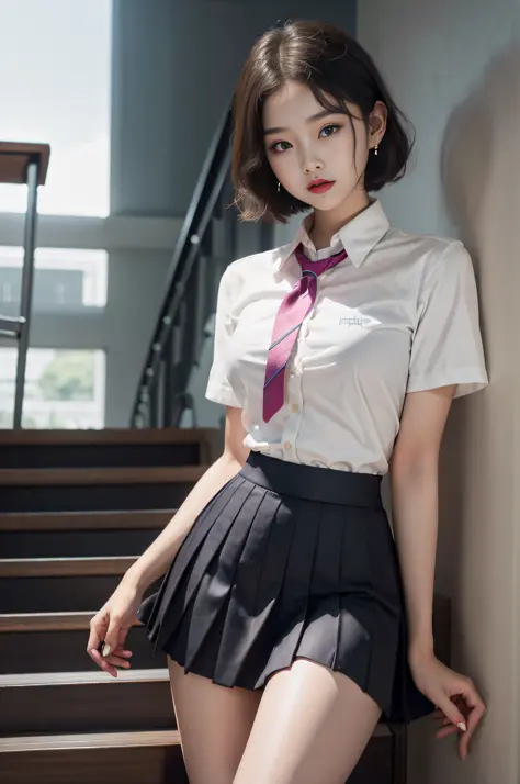 Korean school uniform, summer school uniform shirt, ribbon tie, skirt, school, school stairs, chest lifting pose, 8K RAW photo, ...