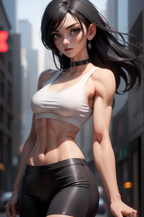 masterpiece, best quality,3d rending work ,3DMM style,close-up, 3D,1girl, solo, black hair, teardropshaped earrings, realistic, upper body, urban city background, bangs, long straight black hair, parted lips, choker, makeup, (white sports bra:1.3), red eye...