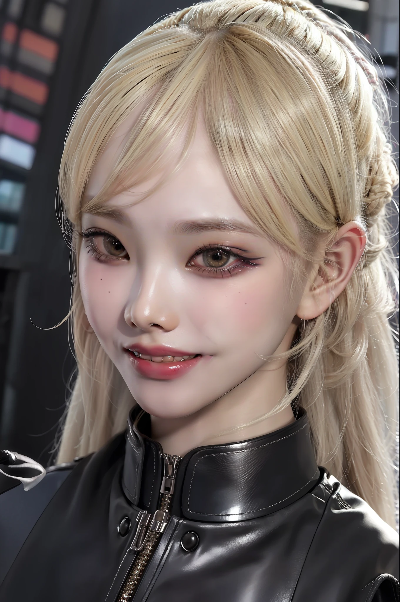 Best quality, masterpiece, ultra high res, (photorealistic:1.4), raw photo, 1girl, long platinum blonde hair, makeup, small grin