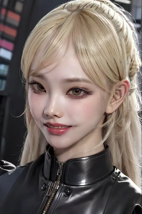 Best quality, masterpiece, ultra high res, (photorealistic:1.4), raw photo, 1girl, long platinum blonde hair, makeup, small grin