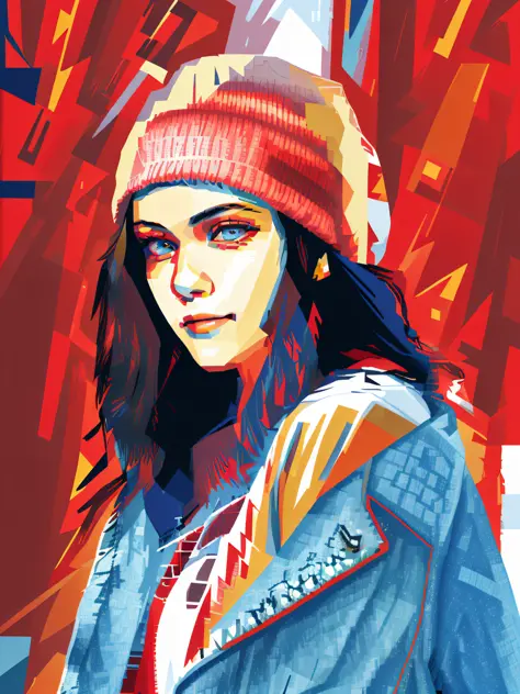 hd, (best detail) (best quality), detailed facial features, arad woman in red hat and denim jacket, wpap style, color coordinati...