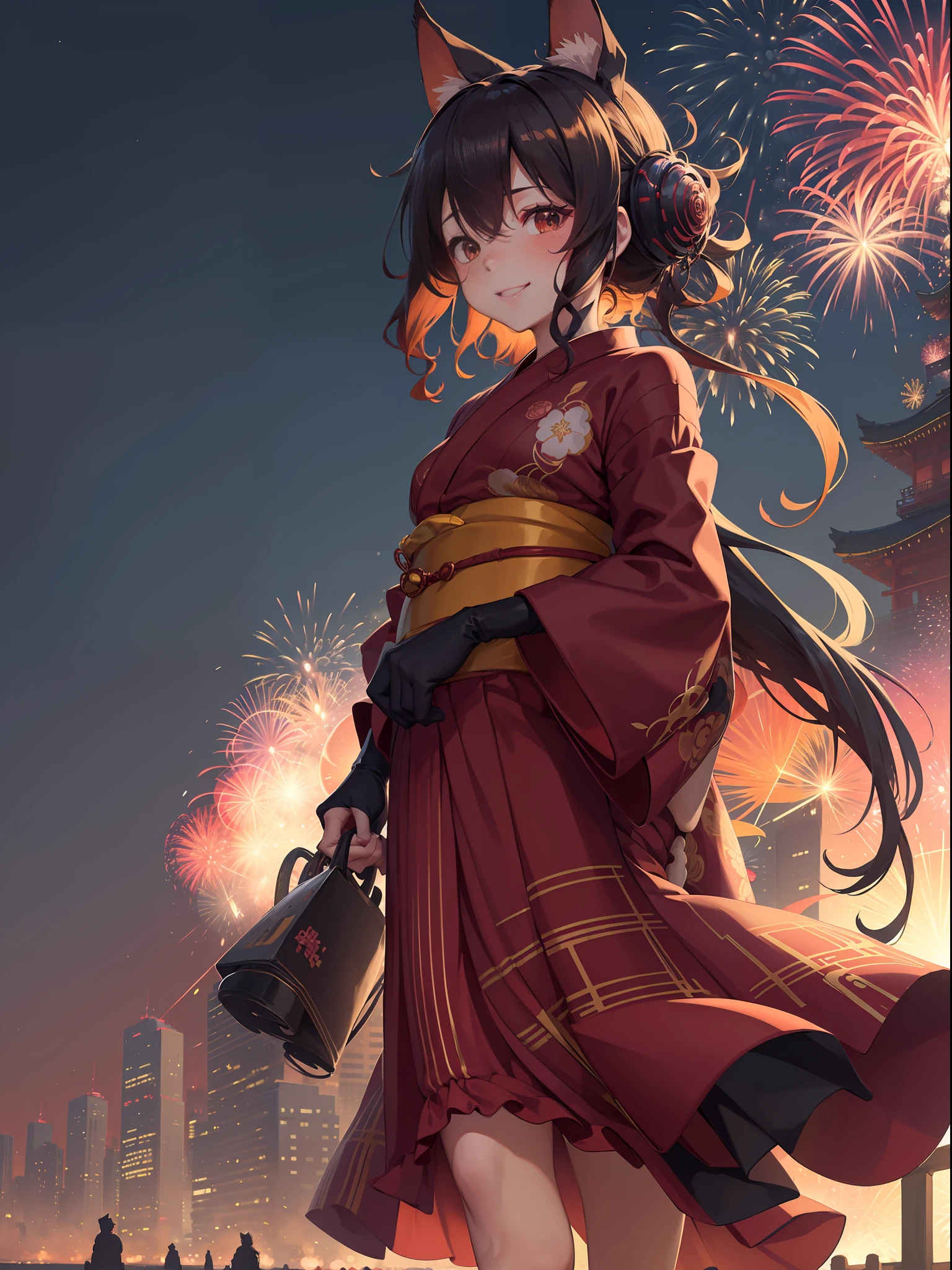 (strolling through the cityscape of the fireworks display:1.2), Food Food, (Red Colorful Yukata:1.3), Kemono Ears, Middle Chest, Smile, Blushing,(Perfect Body:1.1)、(Short Wavy Hair:1.2)Full Body Shot,(Very Elaborate CG 8K Wallpaper),(Very Delicate and Beautiful)(Masterpiece)(Best Quality):1.0),(Ultra High Definition:1.0),[High Definition],Detailed Skins, ultra detailed ((colorful)),