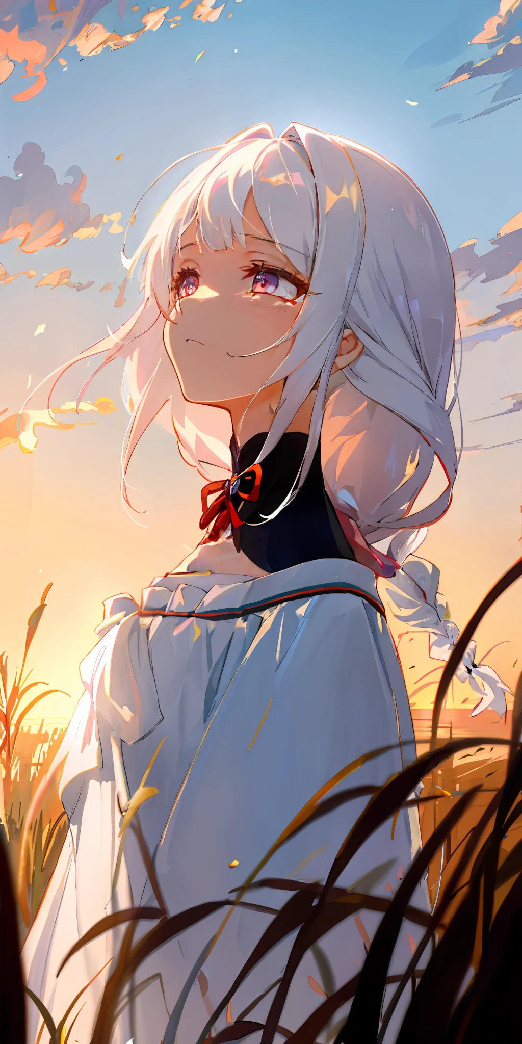 Excellent, masterpiece, white hair, golden eyes, American high school girl, looking up, upper body, hair, fair skin, side braids, full of sad feelings, withdrawn, inferior, aggrieved expression, prairie, sunset, wearing a pure white long dress