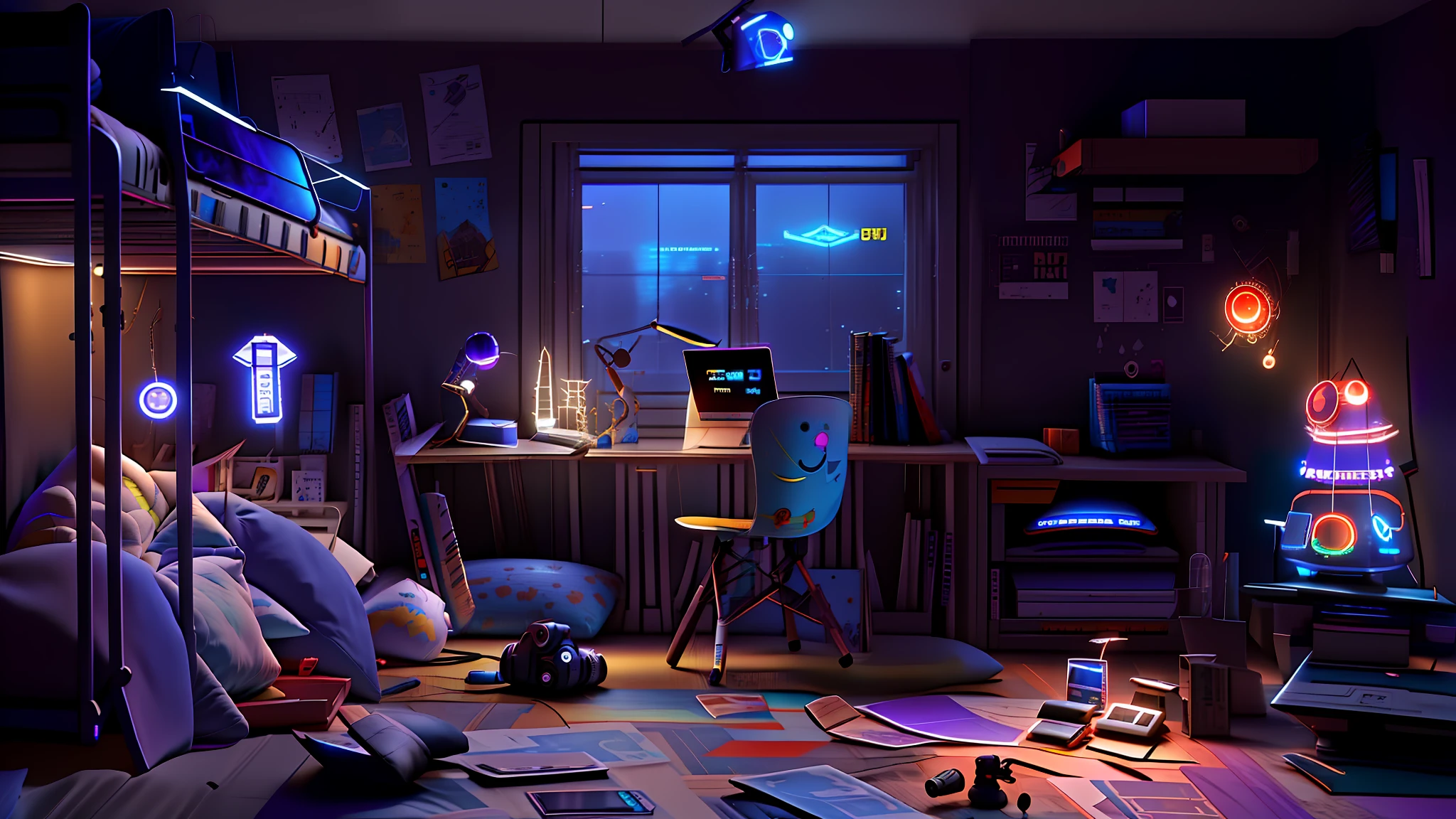 il y a une chambre avec un lit superposé et un bureau avec une lampe, chambre d&#39;adolescent cyberpunk, fond de chambre personnelle, rendu pixar renderman, chambre d&#39;enfant cyberpunk, photo pixar 8k, disney photo pixar 8k, chambre d&#39;adolescent chaotique, pixar très détaillé, fond d&#39;écran de haute qualité, panorama du film pixar, décor de film pixar, 8k hd fond d&#39;écran art numérique