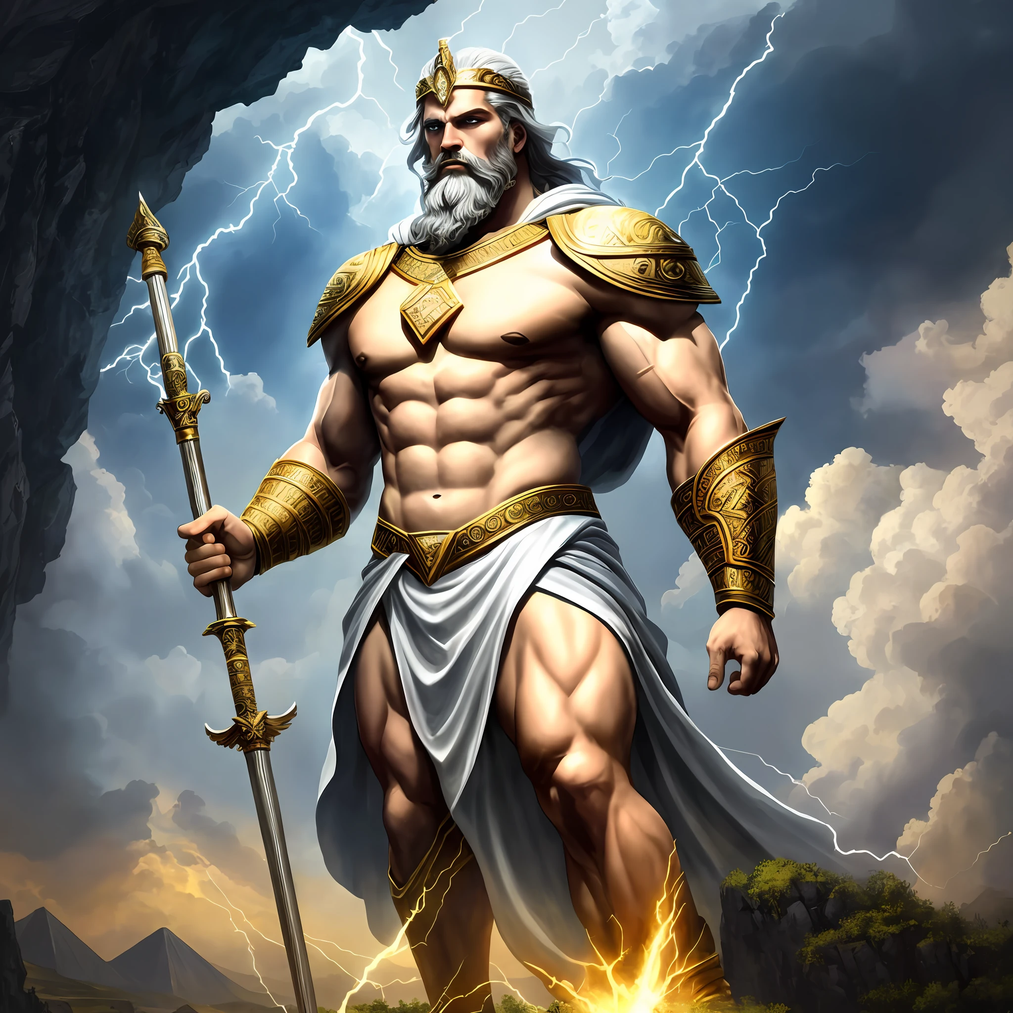 Close up portrait of man with sword and lightning, ferocious god Zeus ...