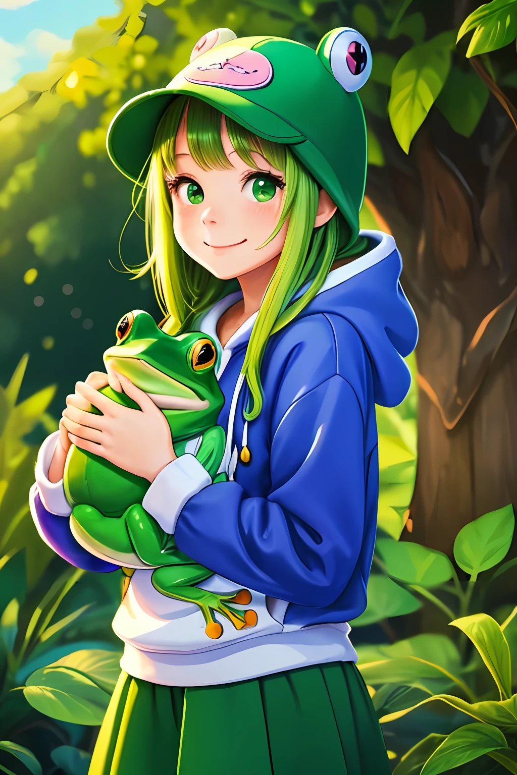 ((Meilleure qualité)),(illustration colorée),(1fille),style kawaii, chapeau et sweat à capuche grenouille verte, tenant une peluche grenouille, de grands yeux ronds et un joli sourire, verdure luxuriante derrière elle, un ciel bleu vif, Ambiance joyeuse et énergique.