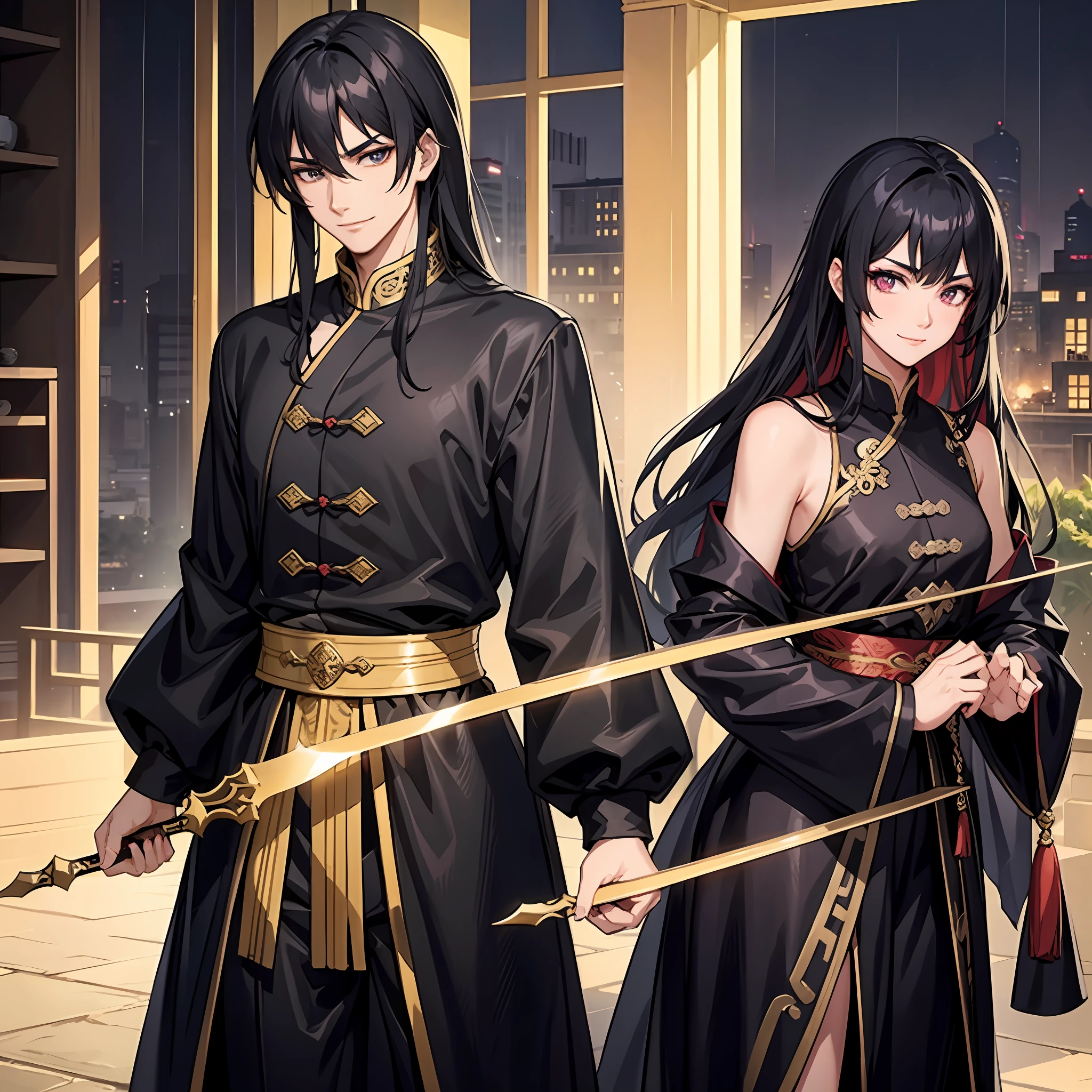 In ancient China, a handsome man dressed in black, long hair, black hair, prince, alley, tall figure, black hair tall, long sword in his hand, a pair of ink pupils. He appeared on a rainy night, frivolous between his eyebrows, lightly erased the rouge between the heroine's lips, and smiled casually and slightly playfully, referring to the love of light and night