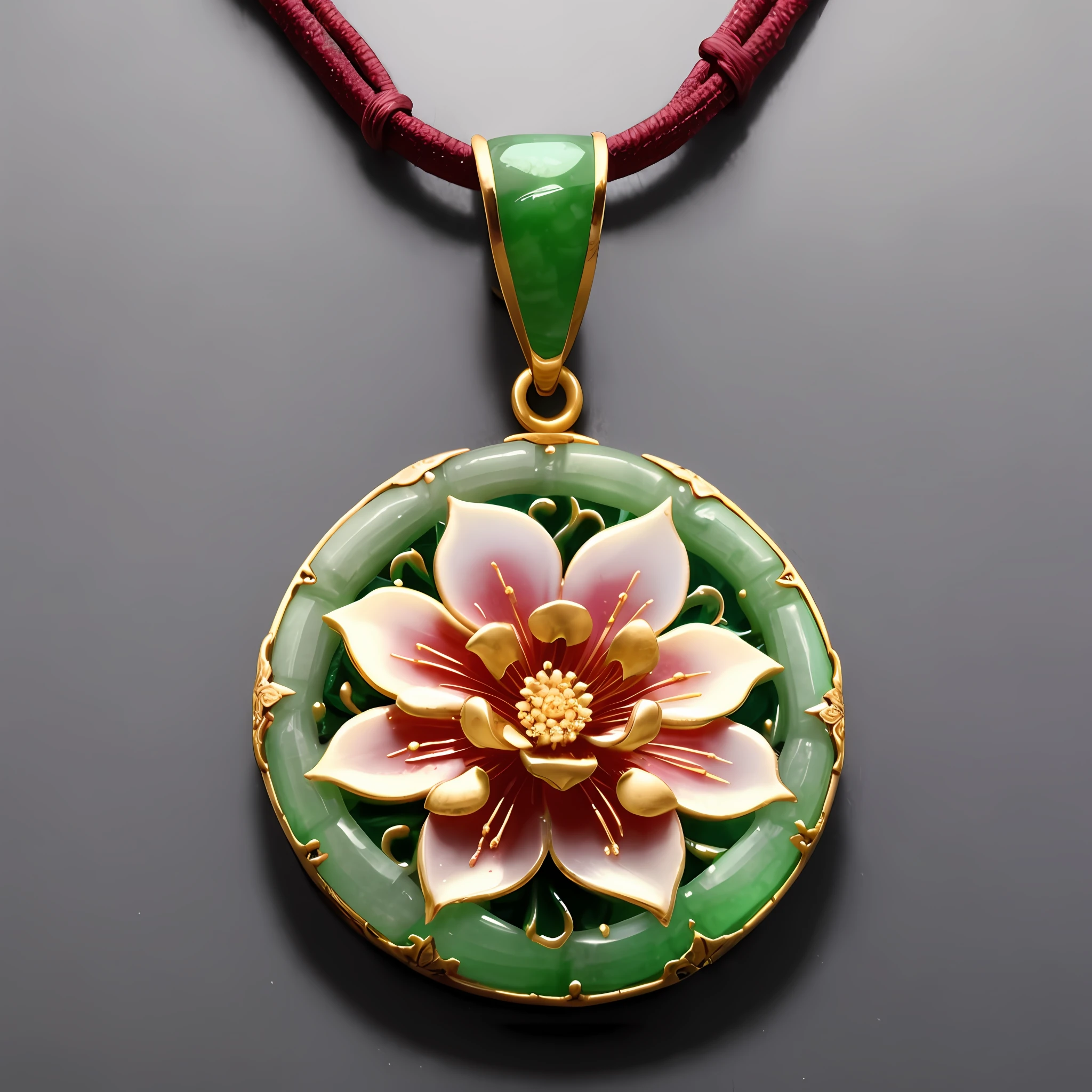 Masterpiece, super high quality, Chinoiserie style, classic elegant style, combination of plum flower pattern decoration and classical jade pendant, exquisite plum flower texture pattern on the surface of the jade pendant, ultimate details, 4k, dreamlike light and shadow, dreamlike color