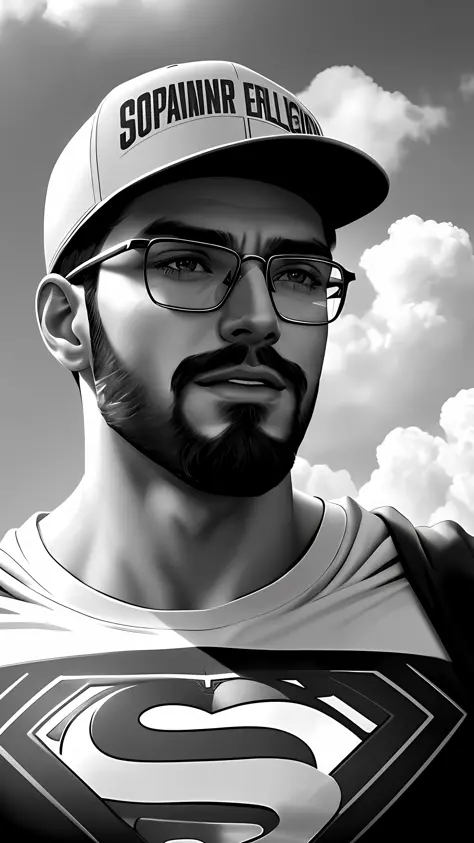 poster superman young square face wearing baseball cap,with beard, wearing glasses ray ban aviator half grade metal frame transp...