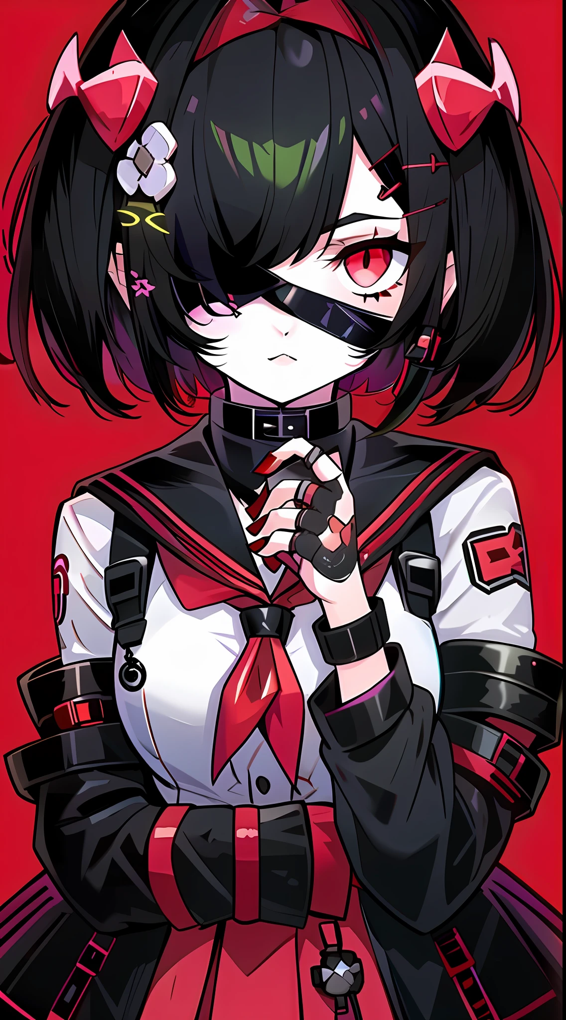 A girl with short black hair, red eyes, one eye covered by an eye patch, JK school uniform, harajuku style, cyberpunk, standing, glowing with black background