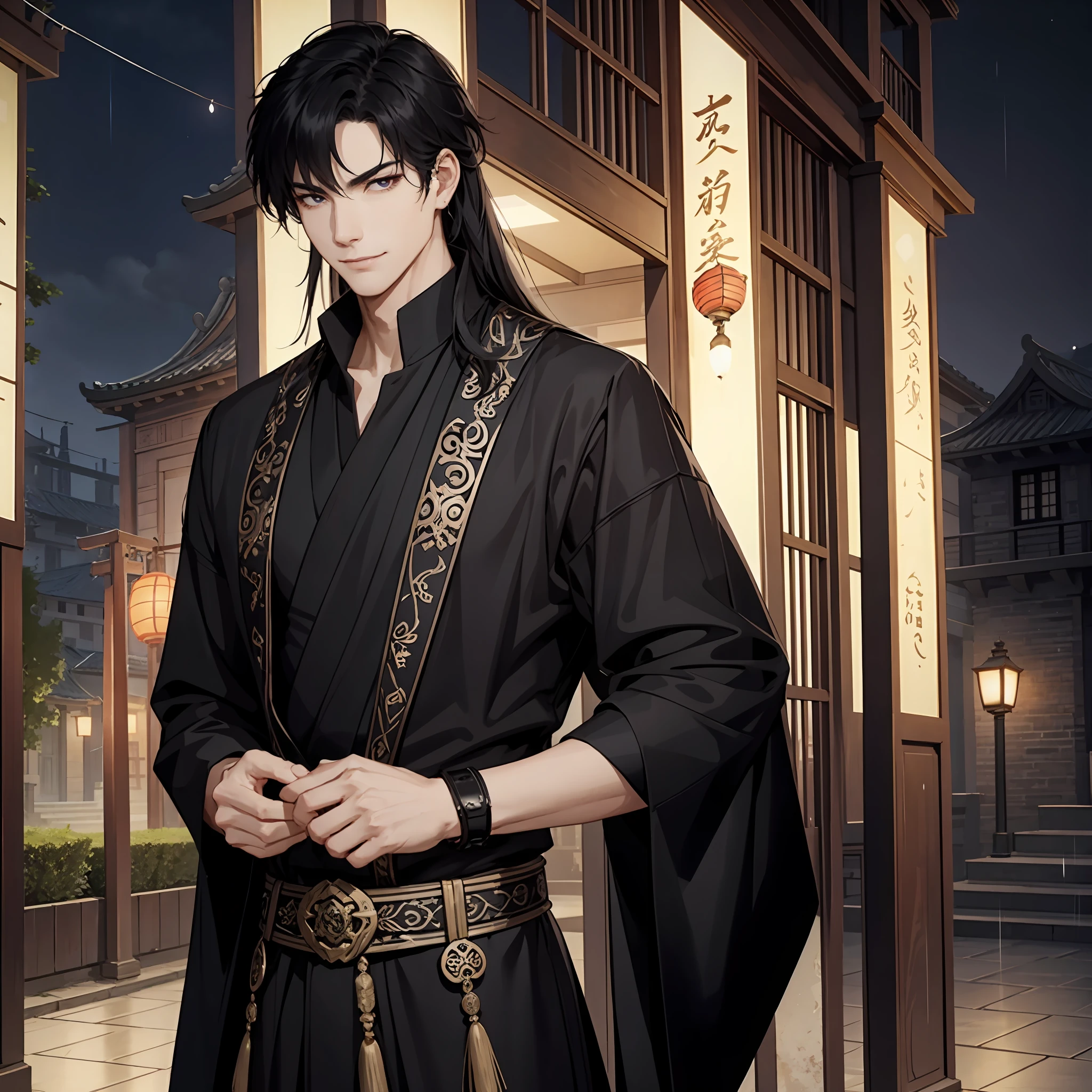 In ancient China, a handsome man dressed in black, long hair, black hair, prince, alley, tall figure, black hair tall, long sword in his hand, a pair of ink pupils. He appeared on a rainy night, frivolous between his eyebrows, lightly erasing the rouge between the heroine's lips, smiling casually and slightly playfully, referring to the love of light and night, ancient