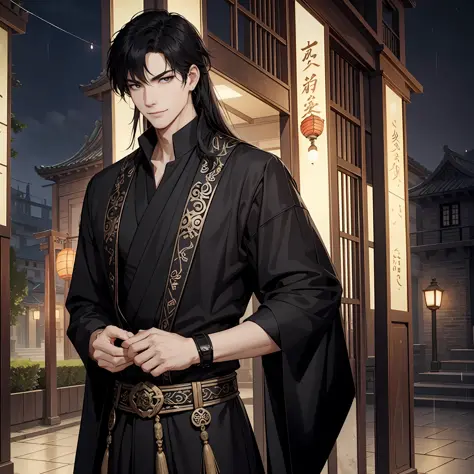 In ancient China, a handsome man dressed in black, long hair, black hair, prince, alley, tall figure, black hair tall, long sword in his hand, a pair of ink pupils. He appeared on a rainy night, frivolous between his eyebrows, lightly erasing the rouge bet...