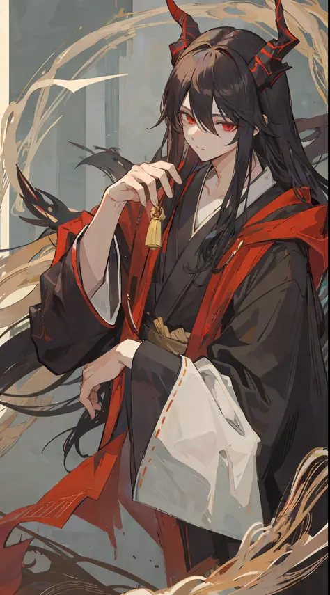 1mature man, black long hair, red eyes, black sage robe, he have 2 horn in his head