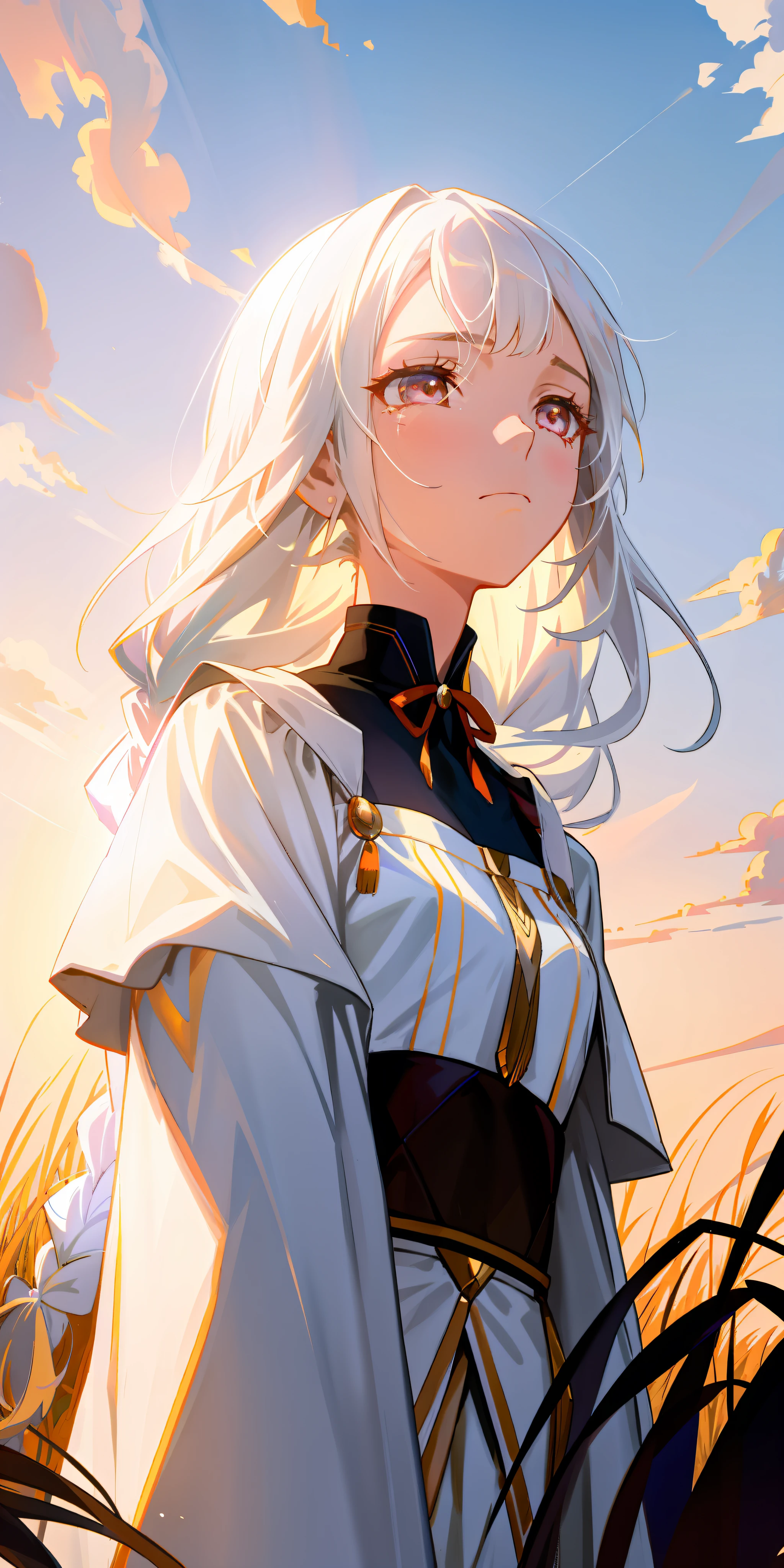 Excellent, masterpiece, white hair, golden eyes, American high school girl, looking up, upper body, hair, fair skin, side braids, full of sad feelings, withdrawn, inferior, aggrieved expression, prairie, sunset, wearing a pure white long dress, more details, HD