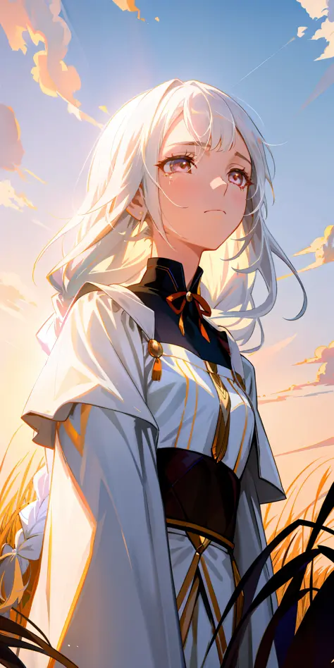 excellent, masterpiece, white hair, golden eyes, american high school girl, looking up, upper body, hair, fair skin, side braids...