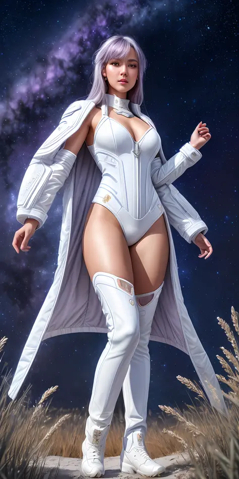 A beautiful asian woman with blue eyes, long lilac hair, well-defined body, wearing white mech, masterpiece, best quality, super detailed, ground, starry sky background, simulation style (see audience: 1.2) (skin texture) (film grain: 1.3), super high reso...