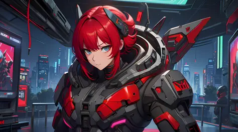 a close up of a person with red hair and a helmet, cyberpunk anime girl mech, digital cyberpunk anime art, female cyberpunk anim...