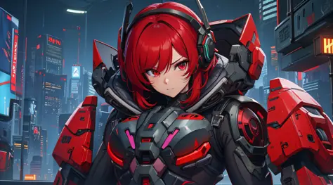 a close up of a person with red hair and a helmet, cyberpunk anime girl mech, digital cyberpunk anime art, female cyberpunk anim...